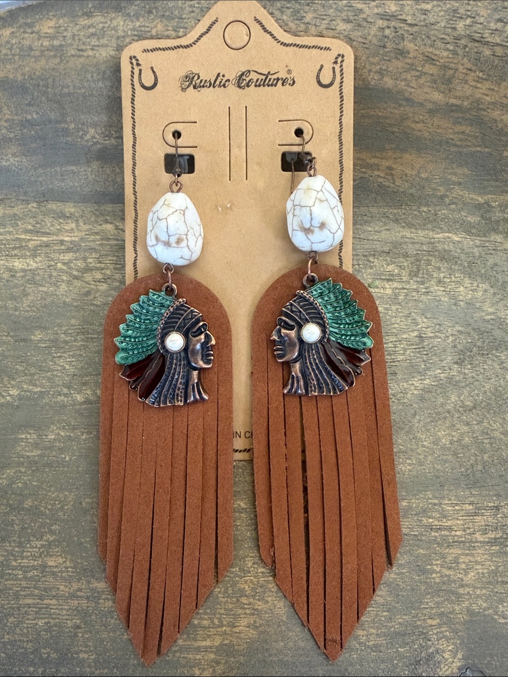 Rustic Couture Brown Leather-Look Fringe Earrings with Turquoise Accents